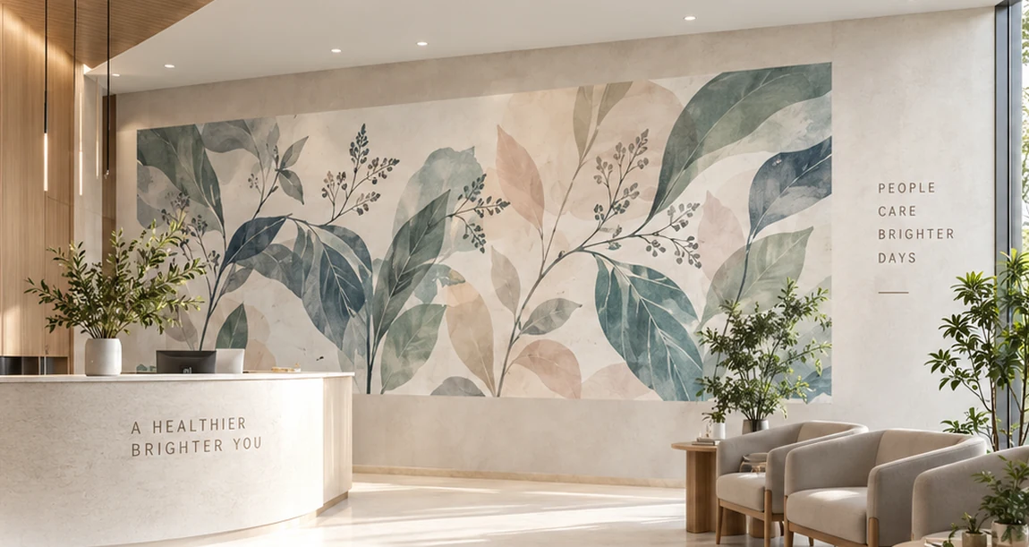 A calming healthcare reception with a botanical wall illustration