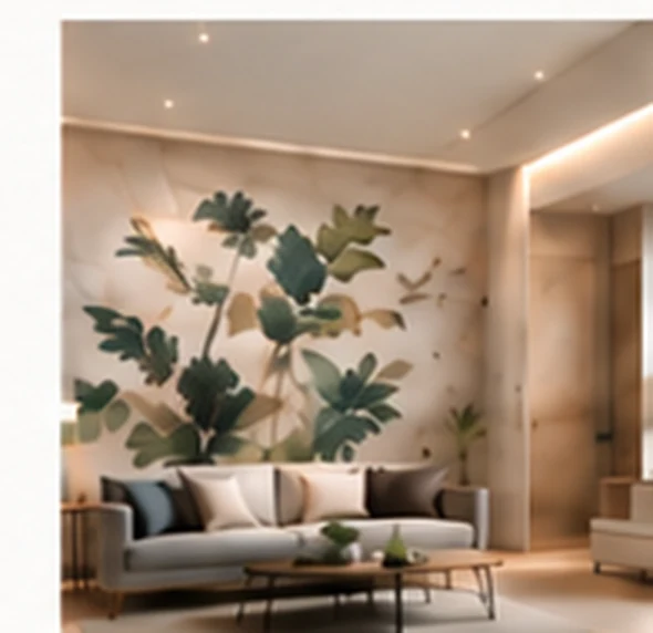 A bright living room with botanical direct-to-wall art