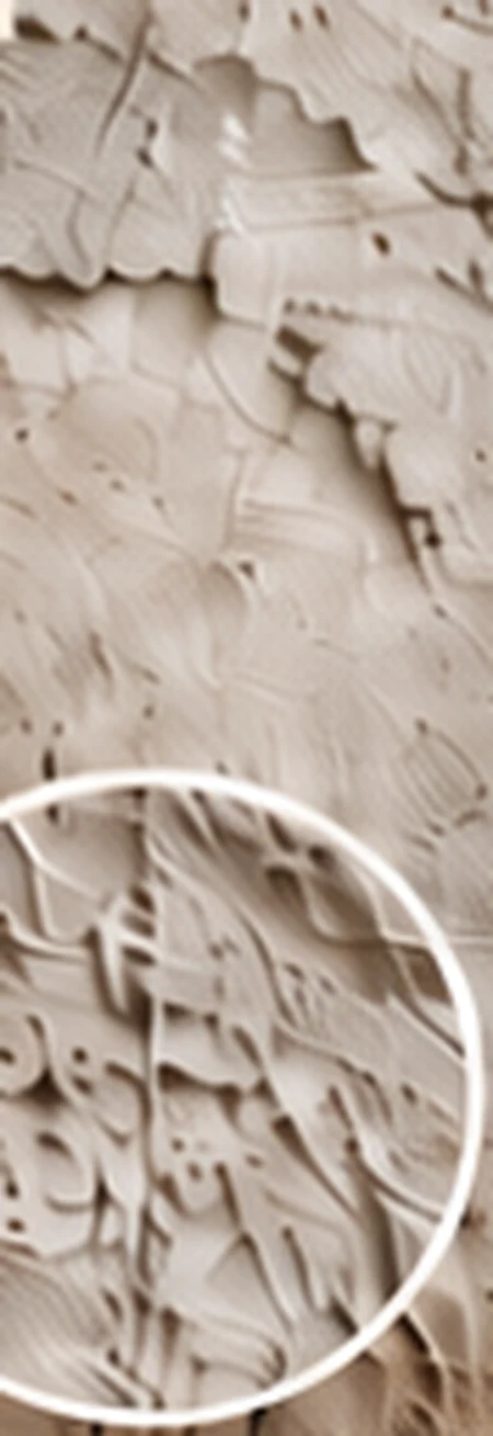 Close view of artwork printed onto rough plaster without concealing its relief