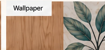 Wallpaper covering part of natural wood and concealing its grain