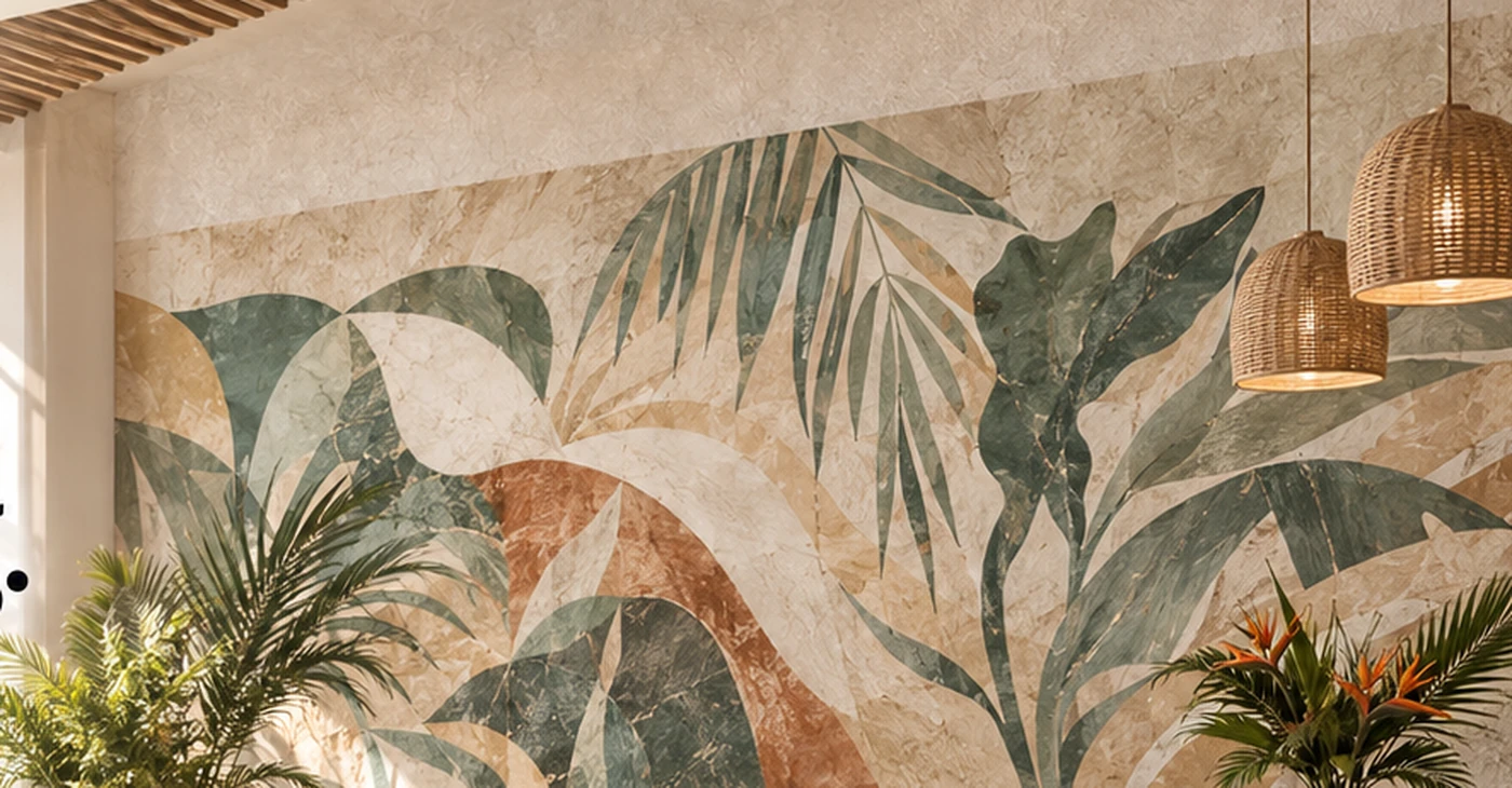 Sunlit premium interior with abstract tropical leaves printed on a textured architectural wall