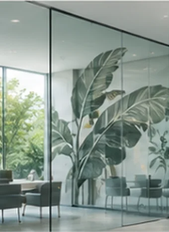 Transparent glass with decorative printed foliage